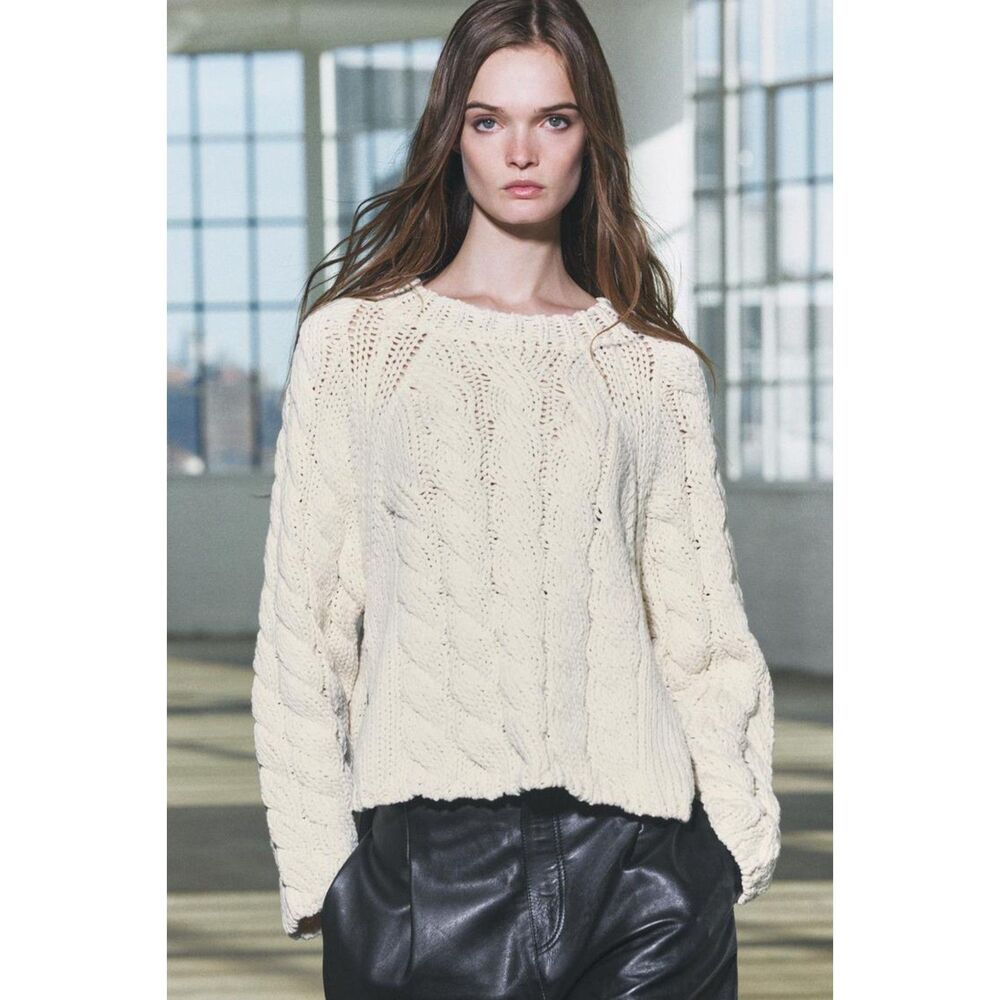 Cream Zara Side Vents Ties Chunky Knit Long Sleeve Pullover Sweater (NWT) - Picture 7 of 10